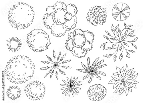 Landscape architect design element set graphic black white top sketch aerial view illustration vector 