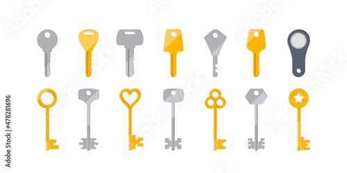 Set of Modern and Classic Door Keys Isolated on White Background, Silver, Golden, Magnetic Keys. Magic Fairytale, Secret