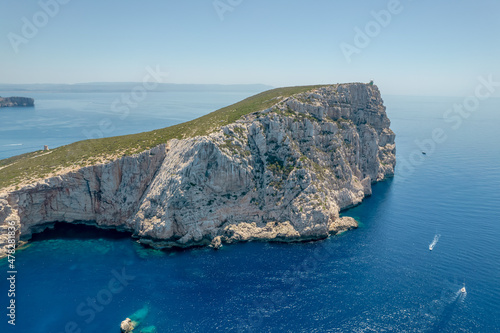 Aerial view of Capo Caccia next to Neptune Grotto in Alghero district, Sardinia