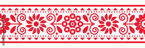 Floral folk art vector seamless embroidery band or belt pattern inspired by traditional designs Lachy Sadeckie from Poland - textile or fabric print ornament

