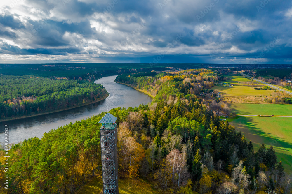 Tallest Lithuanian observation view tower in Birstonas in autumn