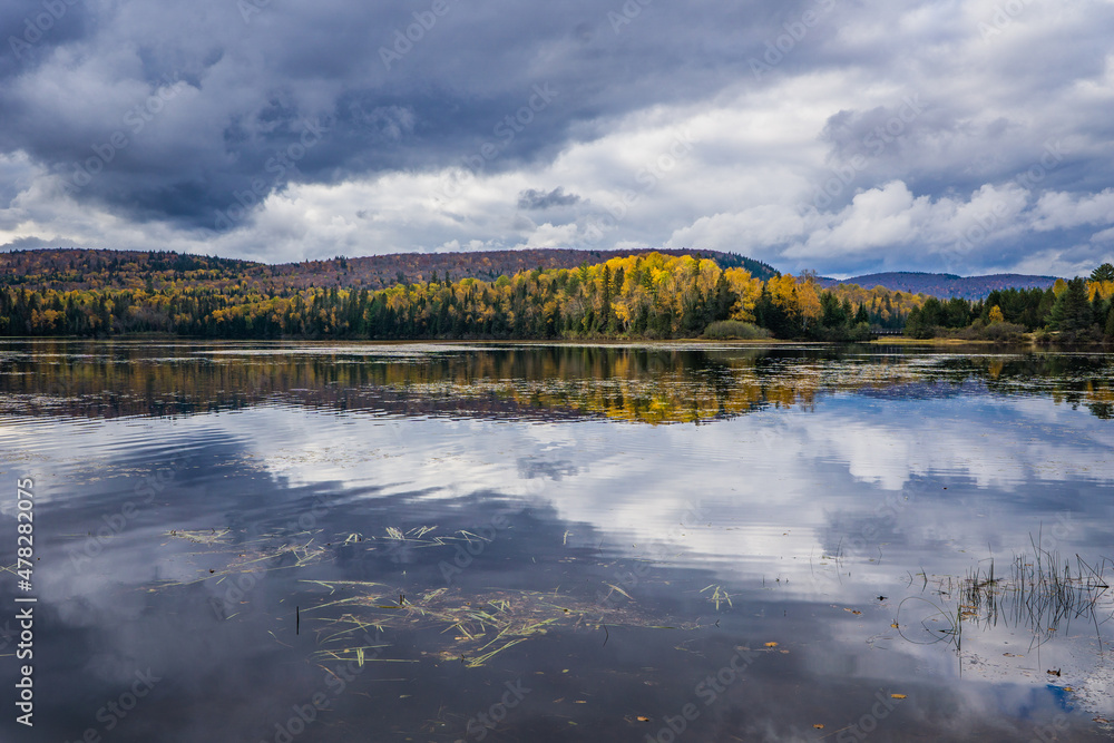 Reflection of the trees in a lake on a fall day in Mont Tremblant National Park, in Laurentides region of Quebec, Canada