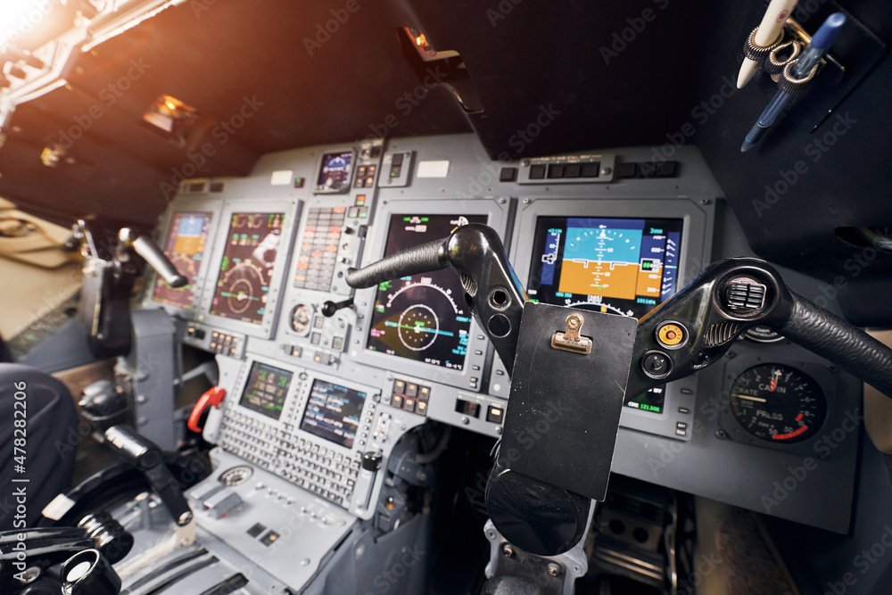 Beautiful sunlight. Close up focused view of airplane cockpit Beautiful sunlight. Close up focused view of airplane cockpit