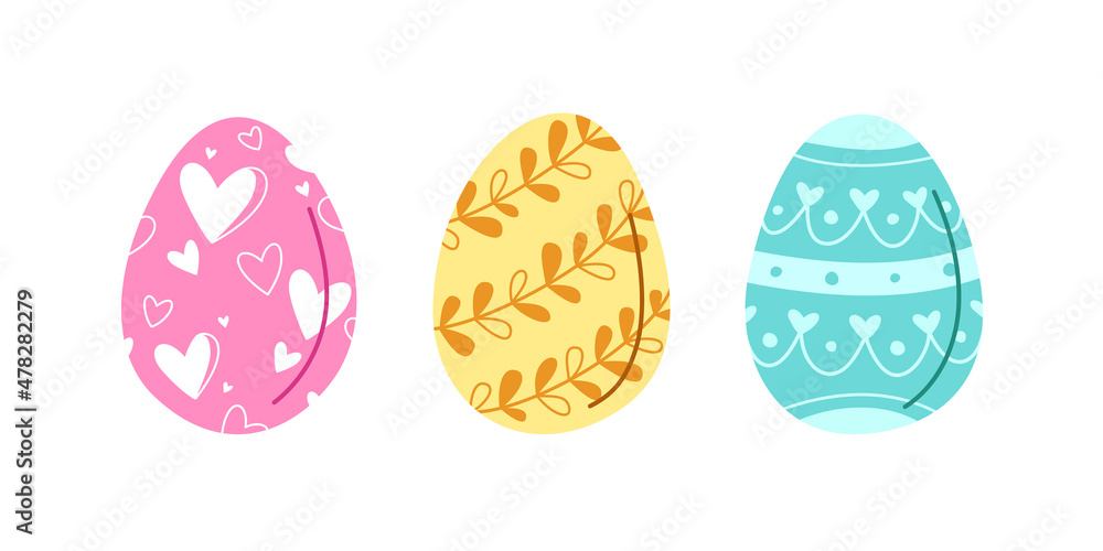 Easter eggs with hearts, floral ornament. Set of vector vintage hand drawn illustrations isolated on white background