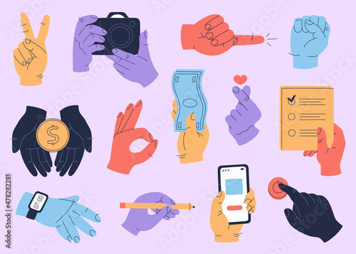 Set of colorful human hands with a different objects, clock, phone, pen, coin, banknote, camera and icons of various gestures. Vector illustration isolated on purple background. Flat cartoon style.