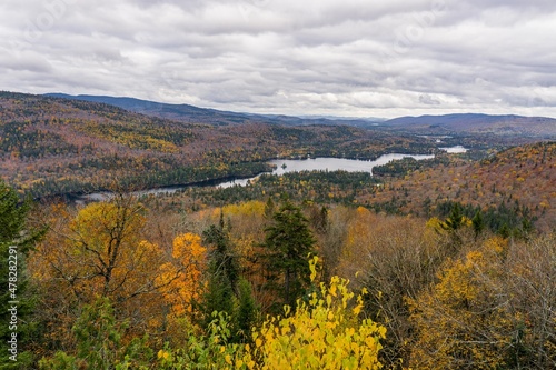 View on the Assomption lake and the Laurentides mountains from the Belvedere at the end of  Grandes Vallees  hiking trail in Mont Tremblant National Park  in Quebec  Canada