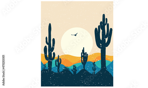 Cactus desert modern art wall frame painting deign. Desert adventure artwork for apparel and others.