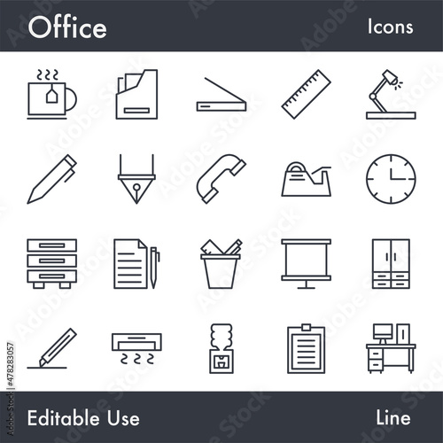 1.	Simple Business Office vector line icon set. Contains linear outline icons like Document, Computer, Work, Clipboard, Phone, Clock, Stationery. Editable use and stroke for Infographic, Web, Print.