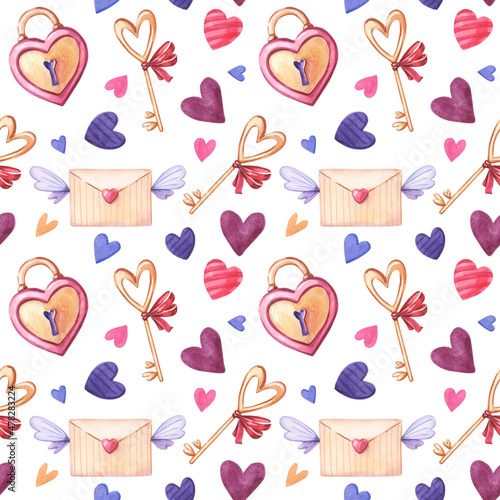 Watercolor seamless pattern of pink,purple heart,key, envelope on white background