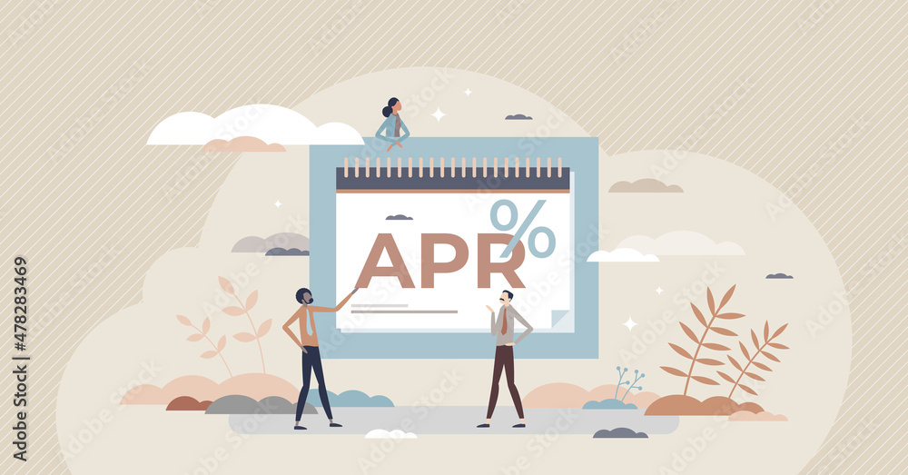 APR or annual percentage rate for credit card and loan tiny person concept. Bank financial interest to borrow money and investments vector illustration. Annual period charge plan for business company. - obrazy, fototapety, plakaty 