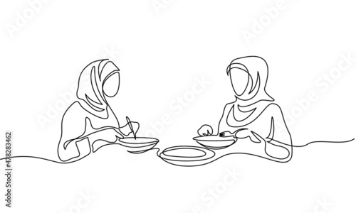 Young muslim women eating in restaurant. Continuous one line drawing.