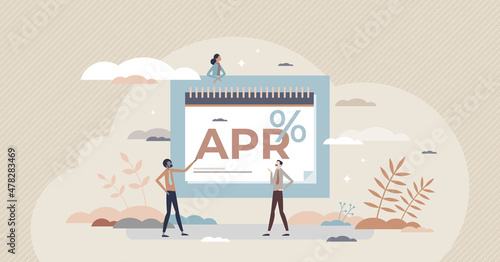 APR or annual percentage rate for credit card and loan tiny person concept. Bank financial interest to borrow money and investments vector illustration. Annual period charge plan for business company.