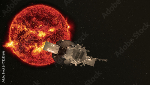 A probe to study the sun, approaching a star. Elements of this image were furnished by NASA. 3d rendering. photo