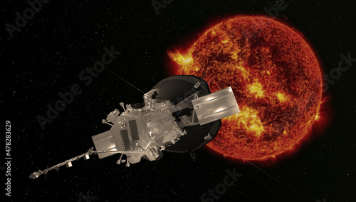 A probe to study the sun, approaching a star. Elements of this image were furnished by NASA. 3d rendering.