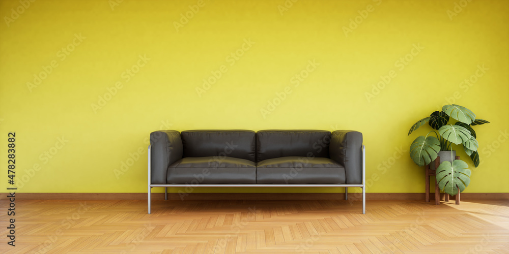 vue 3d canapé cuir noir mur jaune Stock Illustration | Adobe Stock