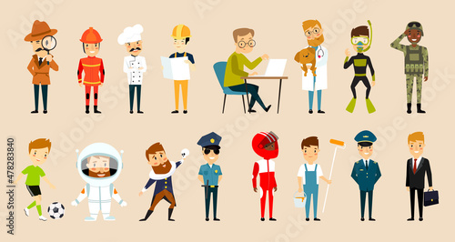 Print. Big set of vector illustrations "male professions". Stickers. Cartoon characters. Cartoon mans.
