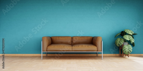 Fotografie, Obraz vue 3d canapé cuir marron mur bleu