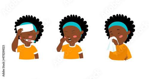 Print. Vector set of African American girl with viral disease symptoms. Virus. Covid 19. Colds, flu, fever, runny nose, headache
