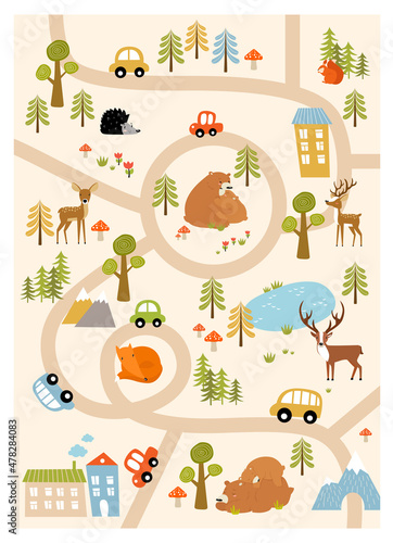 Print. Vector forest maze with animals, road, houses. Cartoon Forest Animals. Path in the forest. Game for children. Children's play mat. 