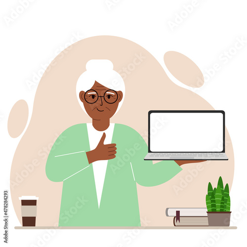 A grandmother holds a laptop computer on his hand and shows a thumbs up sign. Laptop computer technology concept. Vector