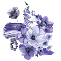 Wandcirkels Pantone 2022 very peri Aquarel violette bloemen en bladeren  © марина васильева