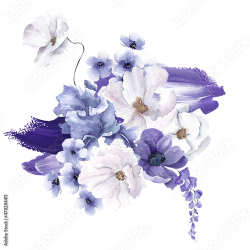 Watercolor arrangements with very peri flowers and leaves. Violet floral, isolated on white background photo