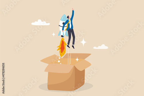 Think outside the box, creativity and innovation to change new ideation for business solution, leadership or inspiration for career success, businessman launch from open box with rocket booster.