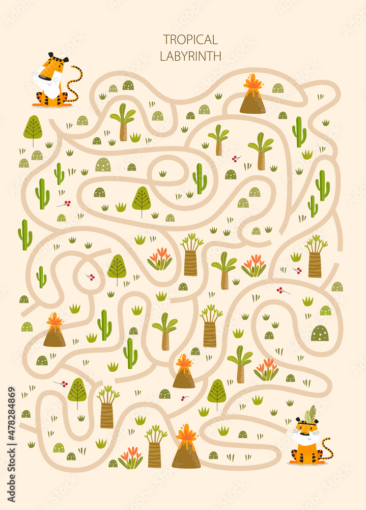 Print. Vector tropical maze with tigers. A game for children.
