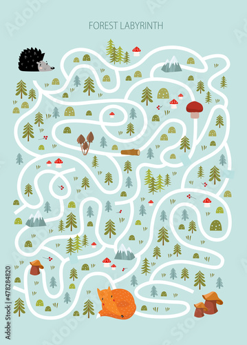 Print. Vector game for children with a labyrinth.  forest labyrinth. Forest animals.hedgehog, fox. cartoon animals.
