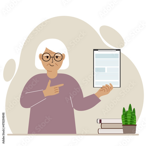 Contented grandmother holding a clipboard with a document and points his finger at it. Vector