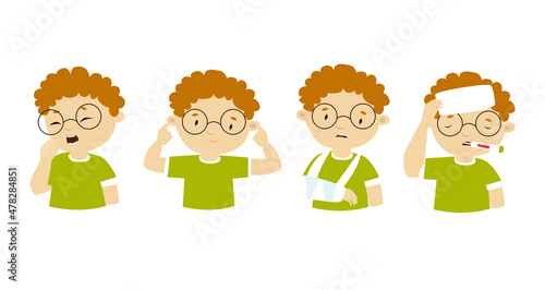 Print. Vector set. Baby is ill. Cartoon boy. Boy is ill.
