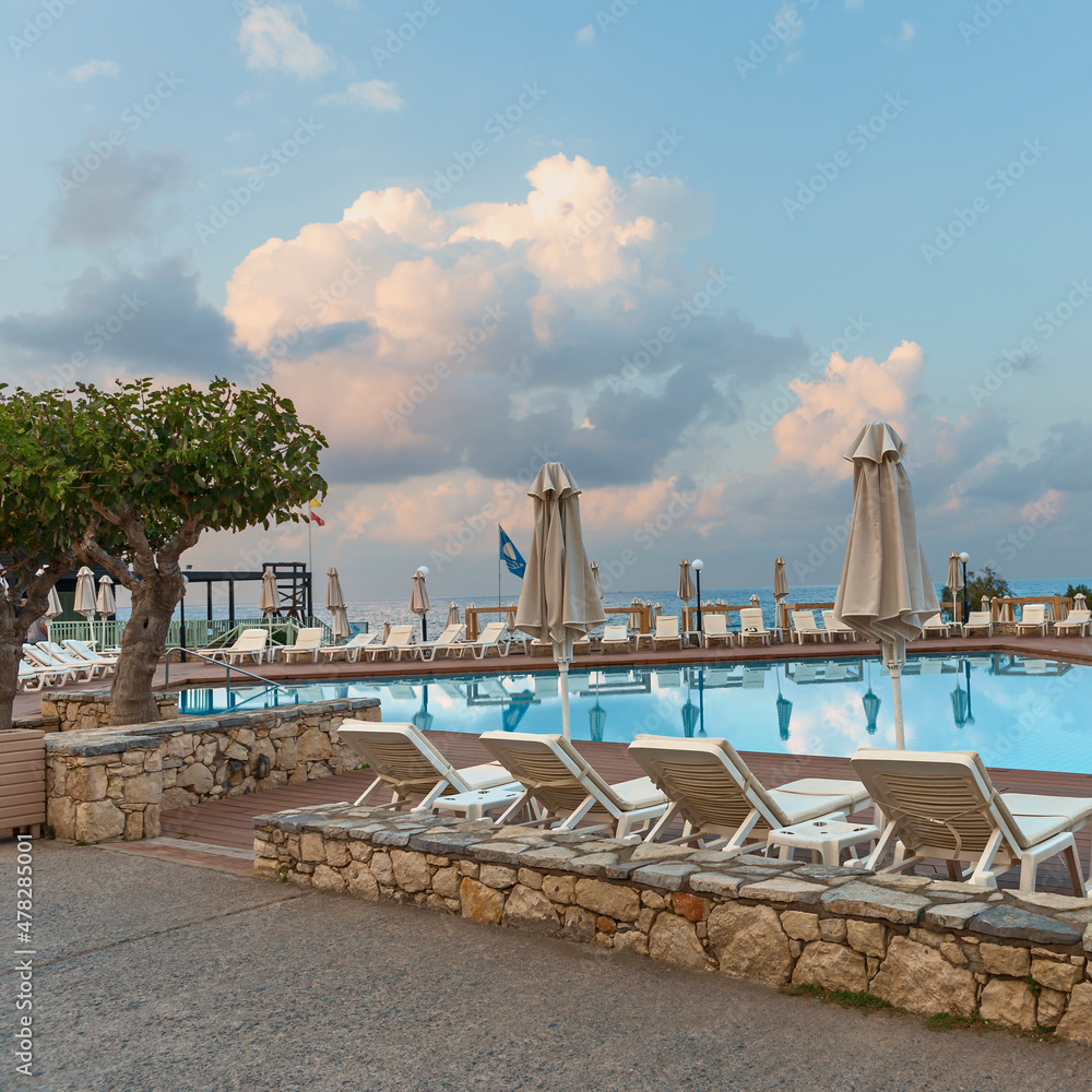 pool with crystal clear water on the shores of the Mediterranean Sea in the Greek resort town of Hersonissos