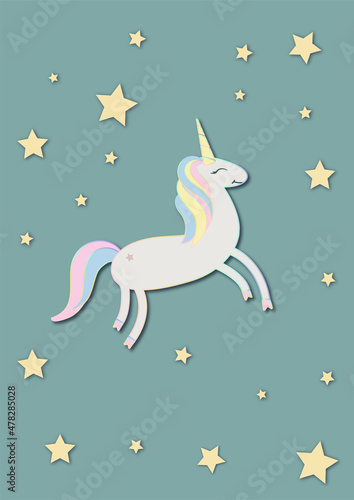 White unicorn in the sky with stars