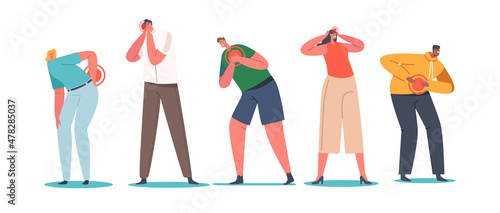 Set People Suffer of Ache in Different Body Parts Stomach, Back, Head and Heart. Characters Feel Strong Pain, Problem