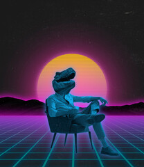 Contemporary art collage. Man in official suit with dinosaur head sitting on chair isolated over neon background