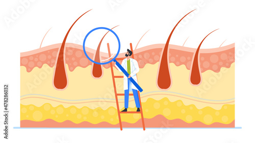 Profession of Trichologist Concept. Tiny Doctor Character Check Health of Hair Follicles and Scalp with Huge Magnifier
