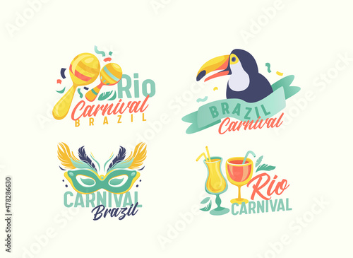 Set of Rio Carnival Emblems with Mask, Toucan Bird, Cocktails and Maracas. Festive Banners, Stickers or Labels Design