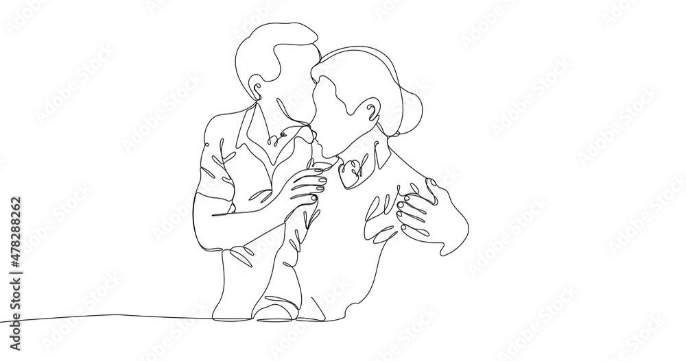 Animated continuous one line drawing of Elderly couple. Mature man and woman stand together and hug each other. Animated continuous one line drawing of Elderly couple. Mature man and woman stand together and hug each other.