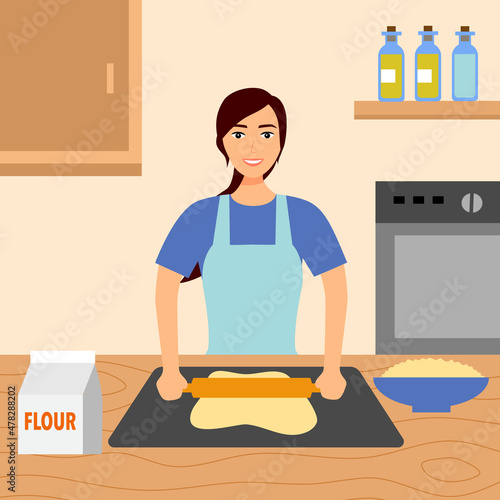 Baker woman cooking in the kitchen. Housewife lady making dough with rolling pin for baking bread, pizza or cookie vector illustration.