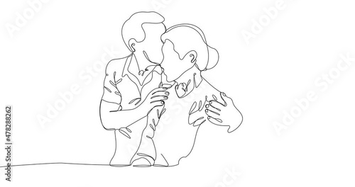 Animated continuous one line drawing of Elderly couple. Mature man and woman stand together and hug each other.