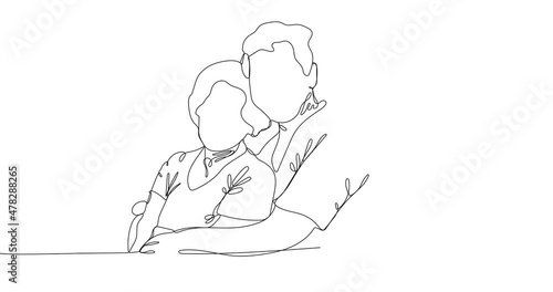 Animated continuous one line drawing of Elderly couple. Mature man and woman stand together and hug each other.