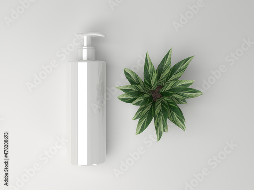 3d render white pump plastic bottle with nature background mockup template photo