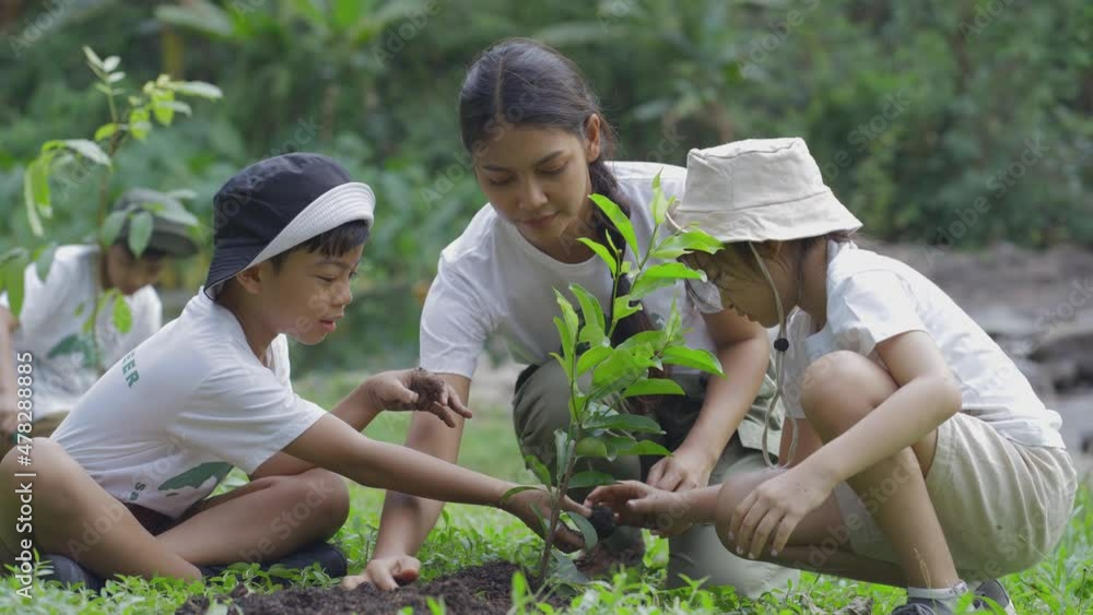 Volunteer Asian and children planting a forest as save world concept. Activities aimed at instilling a sense of reverence for the natural world and the environment Volunteer Asian and children planting a forest as save world concept. Activities aimed at instilling a sense of reverence for the natural world and the environment