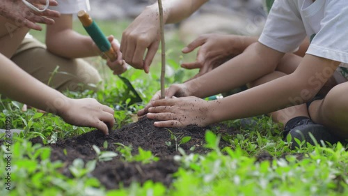 Close up hand of children planting a forest as save world concept. Volunteer Activities aimed at instilling a sense of reverence for the natural world and the environment photo