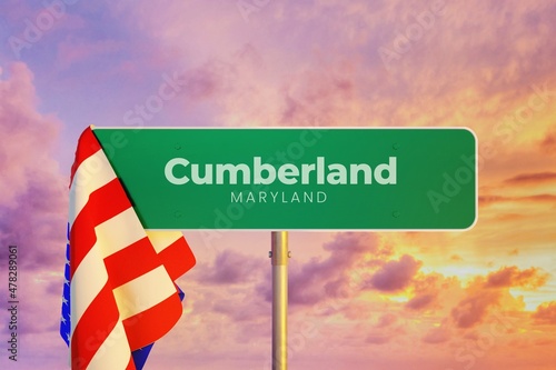 Cumberland - Maryland/USA. Road or City Sign. Flag of the united states. Sunset Sky. photo