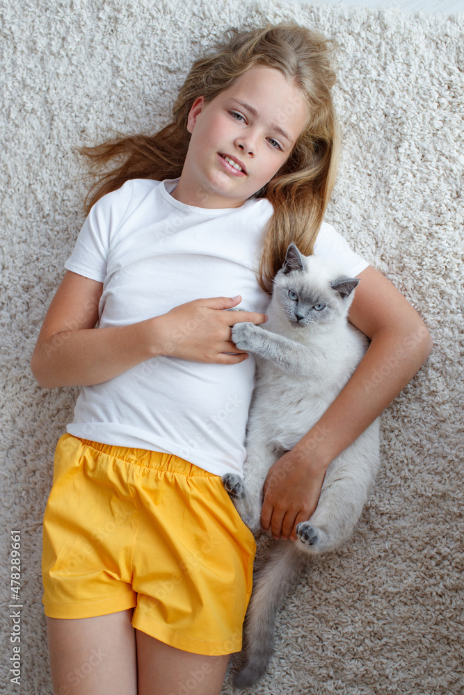 A child with an animal. Girl with a cat at home. High quality photo A child with an animal. Girl with a cat at home. High quality photo