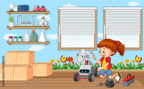 A girl repairing a robot together in the room scene