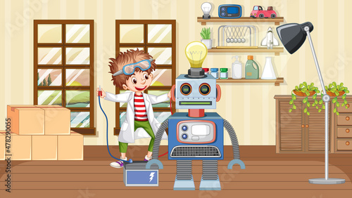 Children fixing a robot together in the room scene