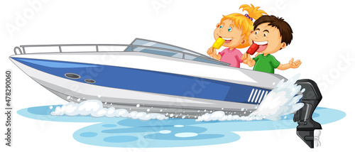 Couple kids on speed boat on white background