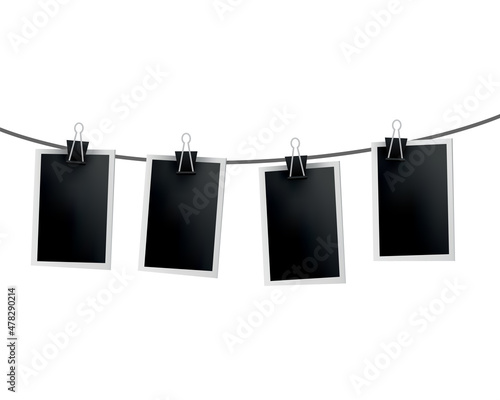 Photo frames hanged on rope. Retro instant photos on thread. Card frame image mockup, vector set. Icon design template. Remember the moment